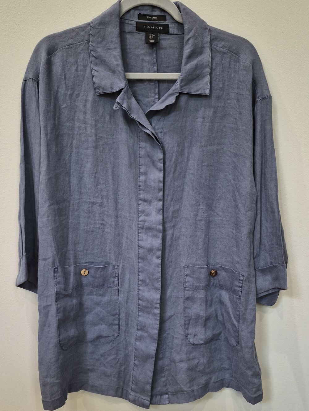 Tahari Top  Womens M Blue Linen Button Front Shirt Jacket Breezy Tunic Travel